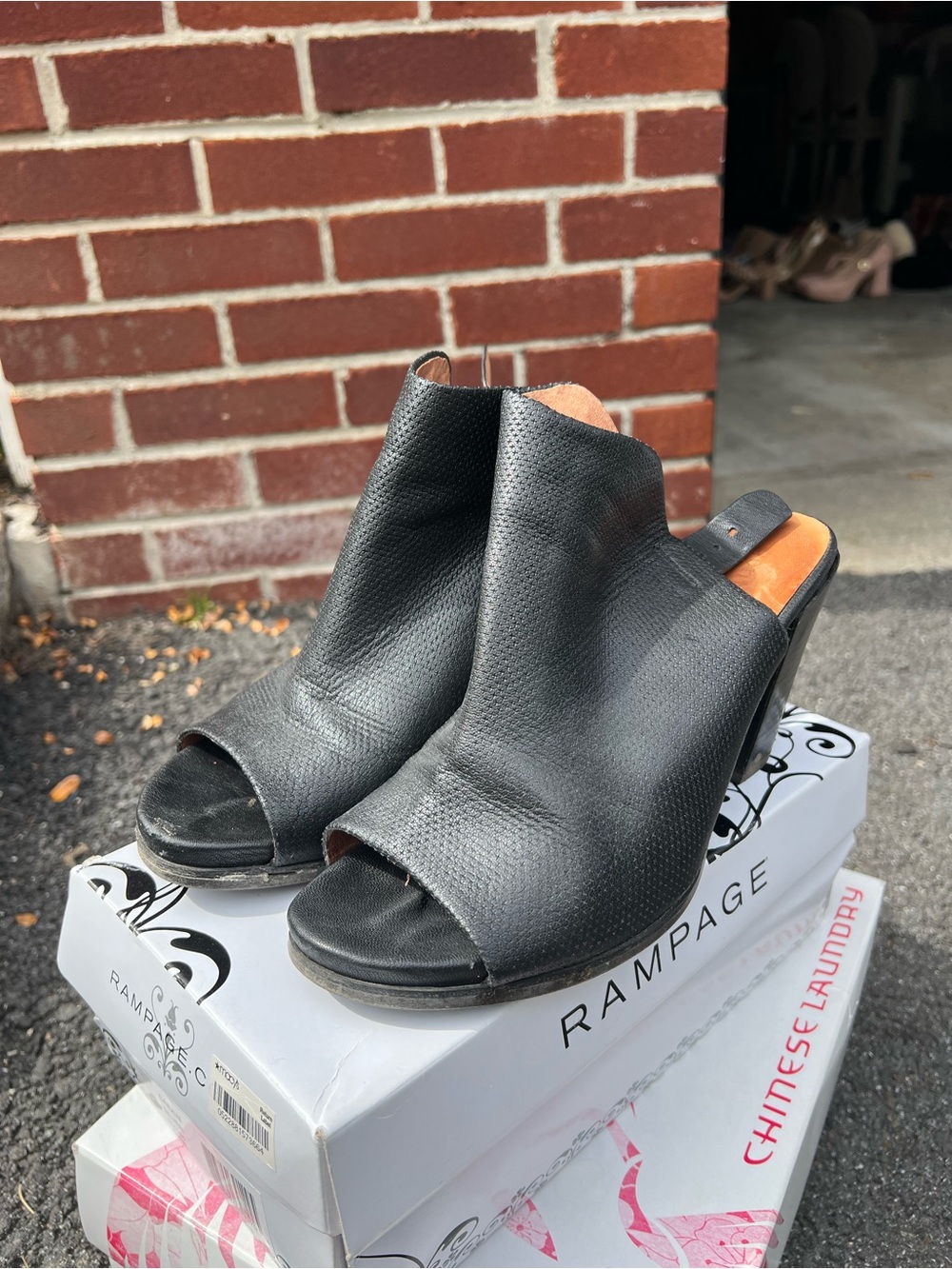 Kenneth Cole Black Peep-Toe Leather Mule Heels